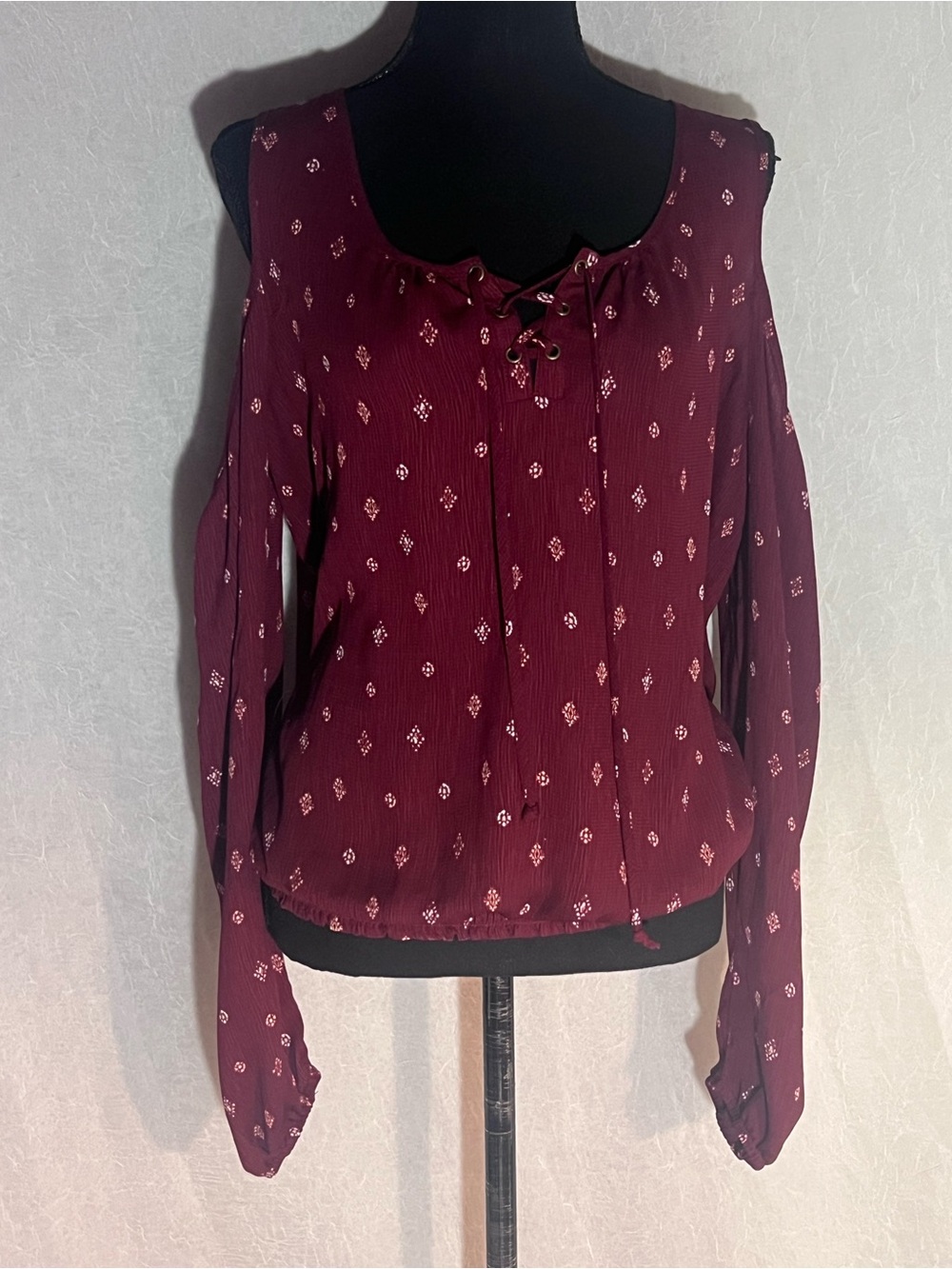 Maurices Burgundy Cold-Shoulder Lace-Up Long Sleeve Top